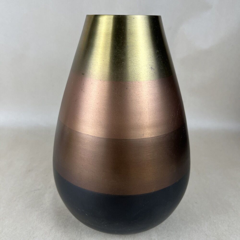 Crate & Barrel Copper Vase 8” Mixed Metal Tone Modernist Horizontal Stripe AS IS